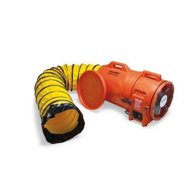 The Allegro 12 in Axial Blower with Canister and Ducting from Allegro is a portable kit that includes an orange industrial ventilation fan linked to a flexible, yellow and black striped duct. It is equipped with control switches and has a protective grille over the fan blades for enhanced safety.