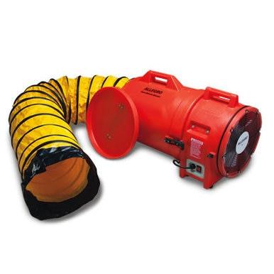 The Allegro 12 in Axial Blower with Canister and Ducting, from the Allegro brand, is an industrial ventilation fan featuring a red barrel design with control switches on the side. It includes a long, flexible yellow and black accordion-style duct, making this portable kit ideal for efficient air circulation.