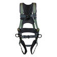 The French Creek STRATOS Construction Harness by French Creek Production is designed with black and green adjustable straps and buckles to ensure safety in personal fall protection. It includes D-rings for secure attachment points and is equipped with strato-lite padding on the shoulder and leg straps for enhanced comfort.