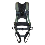 The French Creek STRATOS Construction Harness by French Creek Production is designed with black and green adjustable straps and buckles to ensure safety in personal fall protection. It includes D-rings for secure attachment points and is equipped with strato-lite padding on the shoulder and leg straps for enhanced comfort.