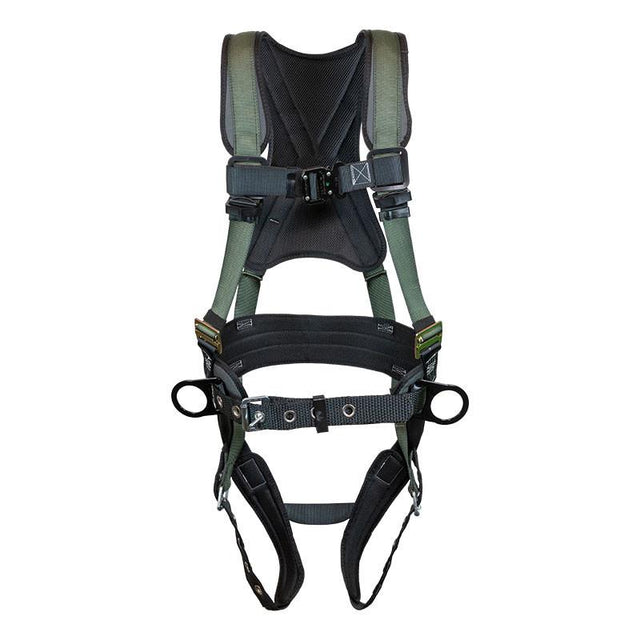 The French Creek STRATOS Construction Harness by French Creek Production is designed with black and green adjustable straps and buckles to ensure safety in personal fall protection. It includes D-rings for secure attachment points and is equipped with strato-lite padding on the shoulder and leg straps for enhanced comfort.