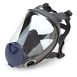 The Moldex 9000 Series Full Mask Respirator, from the Moldex brand, features a clear visor and dark gray straps. It is equipped with a blue circular filter on the front and has adjustable head straps, providing excellent respiratory protection.