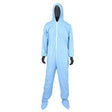 A mannequin displays the PIP Posi-Wear FR Coverall with Hood, Boot, Elastic Wrist & Ankle by Protective Industrial Products (PIP). This light blue flame-retardant suit features a zipper front and comes with integrated boot covers and gloves, providing full-body protection. Designed to repel oil, it is set against a white background.