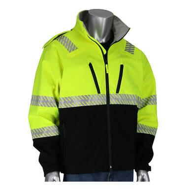 The PIP Ripstop Softshell Black Bottom Jacket, by Protective Industrial Products, is a high-visibility yellow and black waterproof jacket designed for safety. Displayed on a silver mannequin, it comes with reflective tape on the sleeves, chest, and shoulders. This jacket features front pockets and a high collar while being fully zipped for optimal protection.