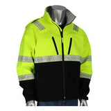 The PIP Ripstop Softshell Black Bottom Jacket, by Protective Industrial Products, is a high-visibility yellow and black waterproof jacket designed for safety. Displayed on a silver mannequin, it comes with reflective tape on the sleeves, chest, and shoulders. This jacket features front pockets and a high collar while being fully zipped for optimal protection.