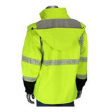 A mannequin displays the PIP Ripstop Softshell Black Bottom Jacket by Protective Industrial Products, a vibrant yellow high-visibility jacket featuring reflective silver stripes on the back. This waterproof design includes a hood and sleek black cuffs, combining safety with style in any weather.