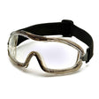 Pyramex Safety offers the Low-Profile Chemical Splash Goggle, featuring a modern sport design with clear lenses and a black adjustable strap. The transparent frame has a slight tint and curves to fit securely around the eyes for protection. These goggles meet ANSI Z87.1-2003 compliance standards.