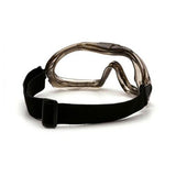 The Pyramex Safety Low-Profile Chemical Splash Goggle boasts a sleek sport design in black, with clear wraparound lenses and an adjustable strap for comfort. It meets ANSI Z87.1-2003 safety standards.