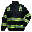 The Pyramex RPB35 Enhanced Visibility Parka by Pyramex Safety is a black safety jacket designed with high-visibility yellow reflective stripes on the chest, arms, and shoulders. This waterproof parka is made from reflective material and features a high collar, multiple pockets, and adjustable cuffs for optimal safety and comfort in all conditions.