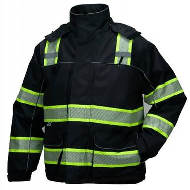 The Pyramex RPB35 Enhanced Visibility Parka by Pyramex Safety is a black safety jacket designed with high-visibility yellow reflective stripes on the chest, arms, and shoulders. This waterproof parka is made from reflective material and features a high collar, multiple pockets, and adjustable cuffs for optimal safety and comfort in all conditions.