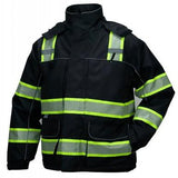 The Pyramex RPB35 Enhanced Visibility Parka by Pyramex Safety is a black safety jacket designed with high-visibility yellow reflective stripes on the chest, arms, and shoulders. This waterproof parka is made from reflective material and features a high collar, multiple pockets, and adjustable cuffs for optimal safety and comfort in all conditions.