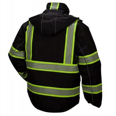 The Pyramex RPB35 Enhanced Visibility Parka from Pyramex Safety is a black hi-visibility jacket equipped with neon yellow reflective stripes on the back, shoulders, and arms to ensure you're seen in low-light conditions. It features a hood and is designed as a waterproof parka for ultimate protection.