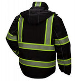 The Pyramex RPB35 Enhanced Visibility Parka from Pyramex Safety is a black hi-visibility jacket equipped with neon yellow reflective stripes on the back, shoulders, and arms to ensure you're seen in low-light conditions. It features a hood and is designed as a waterproof parka for ultimate protection.