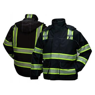 The Pyramex Safety RPB35 Enhanced Visibility Parka is displayed with two black jackets featuring high-visibility yellow-green reflective stripes. One jacket is shown from the back and the other from the front. Each parka includes multiple pockets and a hood made with reflective materials, making them perfect for safety or emergency situations and also ideal as waterproof parkas.